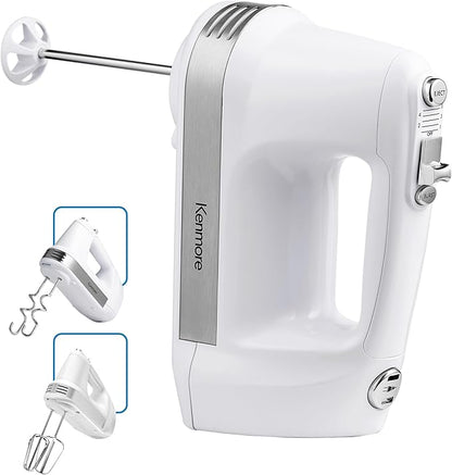 Kenmore Hand Mixer – 5 Speed Handheld Blender, Electric Egg Beater, Whisk, Dough Hooks, Storage Case, Turbo Boost for Cake Mix, Baking, Retractable Cord, Kitchen Appliances