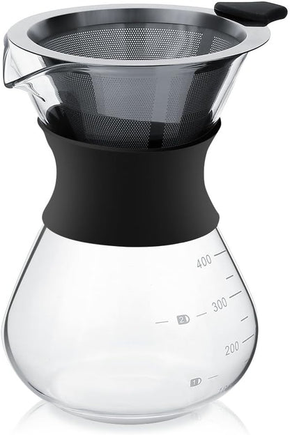 Zopsc 400ml Manual Hand Drip Glass Coffee Maker Pot with Stainless Steel Filter, Marks, Fine Mesh, Suitable for Kitchen, Dining Table, Easy to