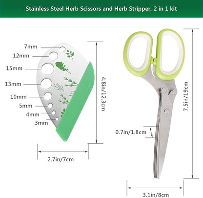 Herb Scissors Herb Stripper Set, Luxiv Stainless Steel Herb Cutter Tools 5-Blades Scissors with Herb Stripping Tool, Safe Cover, Cleaning Comb Multi-blade Herb Shears 2 IN 1 Herb Tools Kits (Green)