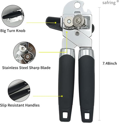 Can Opener Manual, Handheld Strong Heavy Duty Stainless Steel Can Opener, Comfortable Handle, Sharp Blade Smooth Edge, Can Openers with Multifunctional Bottle Opener