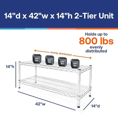 Shelving Inc. 14" d x 42" w Chrome Wire Shelving with 2 Tier Shelves, Weight Capacity 800lbs Per Shelf