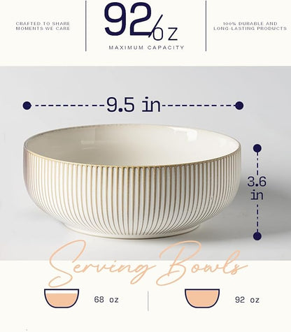 getstar Large Serving Bowls (9.5 inch & 92 fl oz), Ceramic Salad Bowl Set of 2, Microwave and Dishwasher Safe, Farmhouse Kitchen Decorative Bowls Set (Embossed Checks & Stripes)