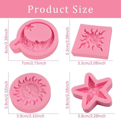 Greek Sun God Fondant Molds 4pcs, Moon Star Cake Decorating Silicone Molds, Chocolate Candy Clay Molds for Cupcake Toppers, Resin Crafts, Modeling Clay, Candles, Marzipan, Cookies, Dough, Flower Paste