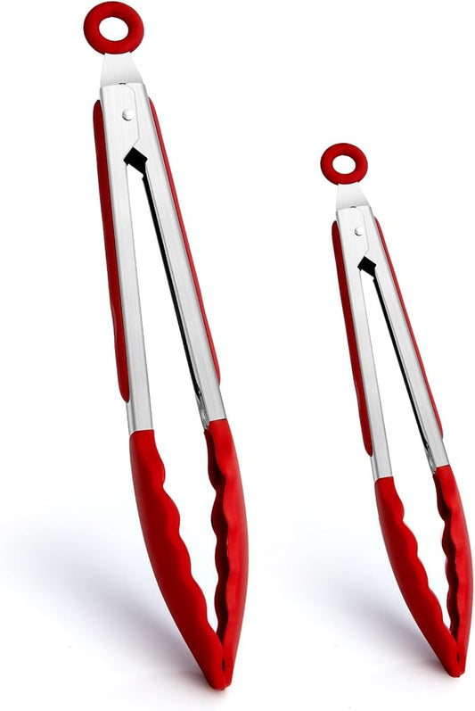 Kitchen Tongs 2 Pcs Tongs for Cooking 9 Inch 12 Inch Red Silicone Tongs Stainless Steel Locking Food Tong with Non-Slip Silicone Tips Heat Resistant Serving Tong for BBQ Grilling Salad Kitchen Utensil