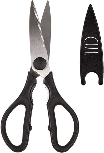 Rae Dunn Kitchen Scissors- Stainless Steel Kitchen Shears, Cooking Scissors for Cutting Meat, Chicken, Herbs and Produce with Blade Cover and Soft Grip Handles (Black)