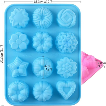 Newk Flower Heart Shape Chocolate Silicone Mold, 4 Packs 12 Cavity Candy Baking Mold for Parties, Festival and DIY Crafts - Green, Blue, Pink, Orange