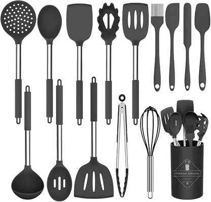 Silicone Kitchen Tools - Non - Stick, Anti - Slip, High - Temperature Resistant, Scald - Proof 14 - Piece Set with Stainless Steel Tube Handles & a Storage Bucket (Red)