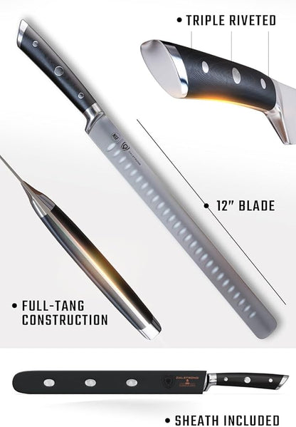 Dalstrong Slicing Knife - 12 inch - Gladiator Series Elite - Granton Edge - Forged High-Carbon German Steel- G10 Handle - Razor Sharp Carving Knife Gift - w/Sheath - Slicer - NSF Certified