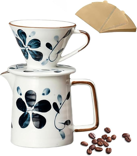 Ceramic Pour Over Coffee Maker Set, Ceramic Coffee Dripper with Single Hole, Coffee Pot & 100 Paper Filters for Home, Travel, Camping (1-2 Cup)