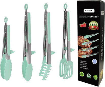 4 Pack Silicone Kitchen Cooking Tongs Set, Stainless Steel Nonstick Food Tong with BPA Free Silicone Tips for Serving Pasta Spaghetti Steak Pie Pizza Salad Vegetable Fruit Grilling BBQ Buffet 9" & 12"