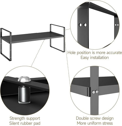 16.5~27.1" Expandable Shelf Organizer, 1Pack 10.2" Wide Stackable Cabinet Shelf Organizers, Black Metal Sturdy Kitchen Counter Storage for Countertop, Adjustable Height Spice Rack