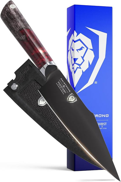Dalstrong Santoku Knife - 7 inch - Spartan Ghost Series - Premium American Forged S35VN Powdered Steel Kitchen Knife - Razor Sharp Kitchen Knife - Maple & Red Resin Handle - Vegetable Knife - Sheath