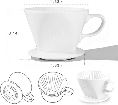 Handmade Pour Over Ceramic Coffee Dripper - Authentic Brewing Experience for Camping, Office, and Home (White)