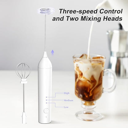 Rechargeable Milk Frother by ELMWAY, 3 Speed Electric Milk Frother Handled with Wand and Egg Whisk Attachments, for Coffee, Matcha and Protein Powder (White without Stand)