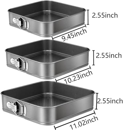 Springform Cake Pan Set of 3 (9.5, 10, 11 Inch) Square Baking Pans Nonstick Cheesecake Pans with Removable Bottom Bakeware for Cake, Cheesecakes, Pizza, and Quiches