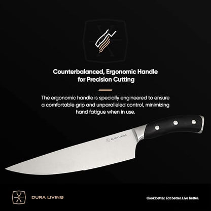 DURA LIVING 3-Piece Kitchen Knife Set – Ultra-Sharp German Stainless Steel, 8” Chef, 5” Utility, and 3.5” Paring Knives with Ergonomic Handles, Multipurpose Kitchen Knife Set, Black