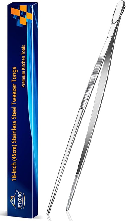 JETKONG 18 Inch (45cm) Extra Long Grill Tongs, Heavy Duty Stainless Steel Tweezer Tongs for Cooking, Grilling, Barbecue/BBQ, Buffet and Turning Food (Point Tips)