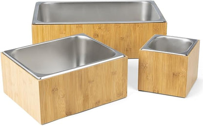 Displays2go 21" x 6.5" Ice Housing Tray - Bamboo and Steel Ice Housing Container - Removable Tray for Display Buffets - Bamboo (FSIHWOODL)