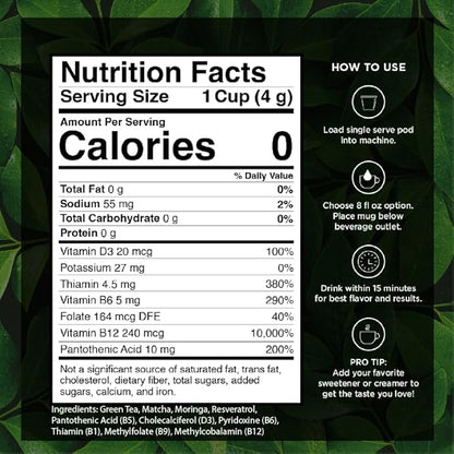 VitaCup Green Tea Pods, Enhance Energy & Detox with Matcha, Moringa, B Vitamins, D3, Keto, Paleo, Vegan, Recyclable Single Serve Pod, Compatible with Keurig K-Cup Brewers,64 Ct