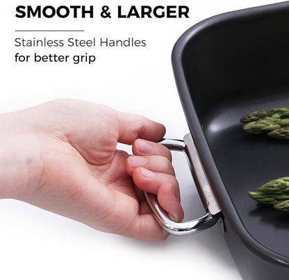 HONGBAKE Nonstick Lasagna Pan 3 Inch Deep, 9x13 Baking Pan, Rectangular Sheet Cake Pan, Roasting Pan for Oven with Stainless Steel Handles, Dishwarsher Safe, Dark Grey