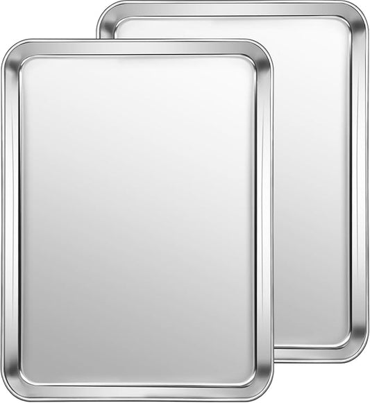 Small Baking Sheet of 2, CEKEE Stainless Steel Baking Pan Tray Cookie Sheet, Size 9 X 7 X 1 inch, Healthy & Non Toxic, Rust Free & Mirror Finish, Easy Clean & Dishwasher Safe