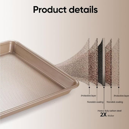 SAKER 3 Pack Nonstick Baking Sheet Set, Carbon Steel Cookie Pan with Cooling Rack, Even Heat Distribution & Warp-Resistant for Oven Baking, Roasting & Cooking (Champagne Gold)