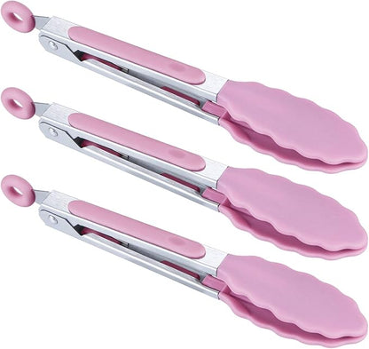 MSY BIGSUNNY Kitchen Food Tongs - 7" Mini Silicone Serving Tongs - Set of 3 (Pink)