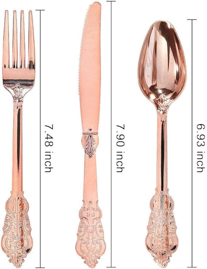 WDF-300 Pieces Rose Gold Plastic Silverware- Disposable Flatware -Heavyweight Plastic Cutlery- Includes 100 Forks, 100 Spoons, 100 Knives for Wedding& Parties