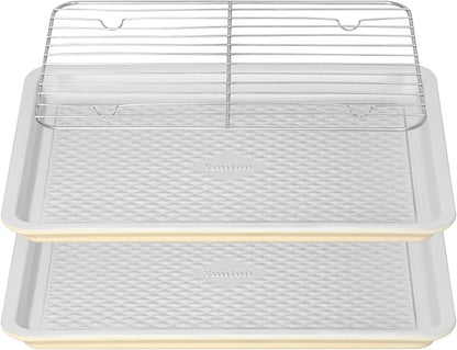 Nonstick Ceramic Baking Sheet With Rack, 2-Pack 15x10 Jelly Roll Sheet Pan, Non-Toxic, PTFE & PFOA Free, Warp-Free, Oven Safe 550°F, Dishwasher Safe, Aluminized Steel, Gray Yellow