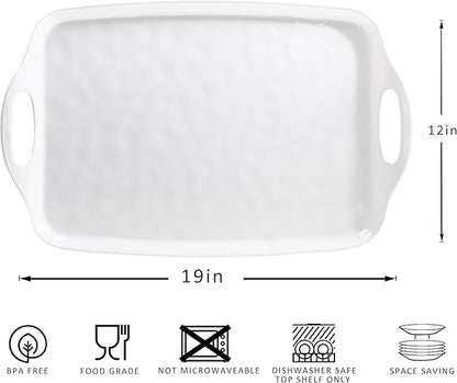 Large Serving Tray with Handles,19”x12” Large Rectangular Melamine Serving Platters Set of 2, Kitchen Food and BBQ ServingTray,Dishwasher Safe, Bright White