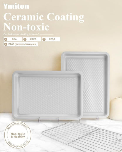 Nonstick Ceramic Baking Sheet with Rack, 2-Pack 13x9 Quarter Sheet Pan, Non-Toxic, PTFE & PFOA Free, Warp-Free, Oven Safe 550°F, Dishwasher Safe, Aluminized Steel, Gray Yellow