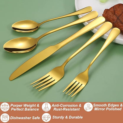 Lazycorner 30 Pcs Gold Silverware Set for 6, Food Grade Stainless Steel Flatware Set Include Fork/Knife/Spoon, Mirror Polished Eating Utensils Sets, Reusable Silverwear Cutlery Set, Dishwasher Safe