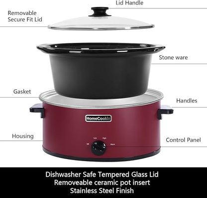 HOMECOOKIN 8 Quart Slow Cooker Oval Manual Pot Food Warmer with 3 Cooking Settings, Red Stainless Steel