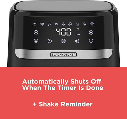 BLACK+DECKER Purifry 6QT Air Fryer, Timer with Auto Shut-off and Shake Reminder, Digital LED Touchscreen and 9 Presets, 1500w up to 400 F, Dishwasher Safe Parts