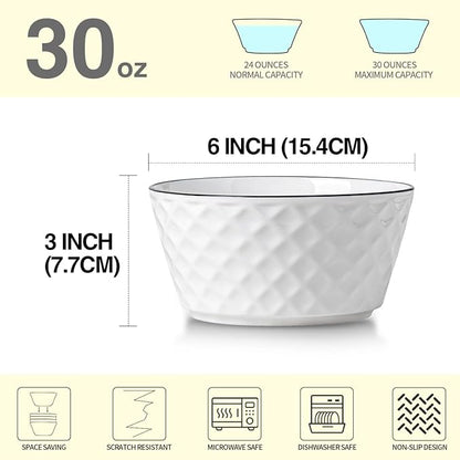 Yeacccng Cereal Bowls Set of 6, 30oz Ceramic Soup Bowls, Scratch-Resistant, Lead-Free, 6 inch White Cereal Bowls for Oatmeal, Salad, Pasta, Soups, Dessert Snacks, Fruits, Dishwasher & Microwave Safe