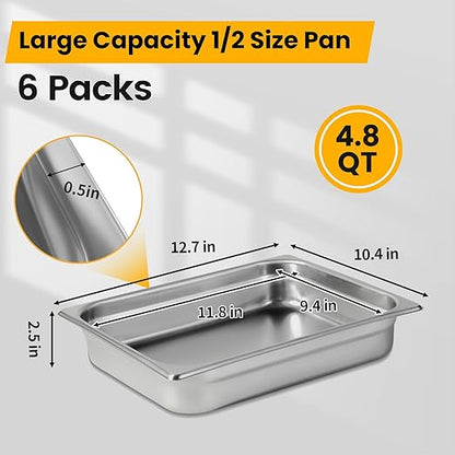 1/2 Hotel Pans 2.5 Inch Deep Stainless Steel Food Pan - Anti-Jam 6 Pack Steam Table Pan Set for Catering, Buffet Use, Kitchen Prep