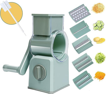 5-in-1 Rotary Cheese Grater with Handle,Multifunctional Manual Vegetable Shredder with Interchangeable Blades,Strong Suction Base，Effortless Shredding for Cheese,Nuts,Fruits,Veggies (green)