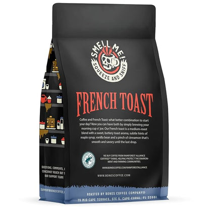 Bones Coffee Company French Toast, Sweet and Buttery Flavored Coffee, Medium Roast Low Acid Arabica Beans Compatible with Auto drip and French Press Coffee Maker, 12 Oz Ground