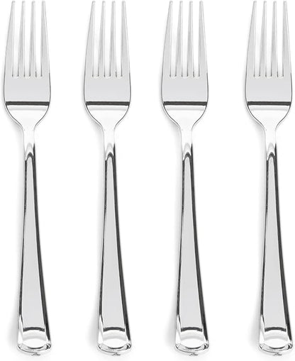 Prestee 300 Plastic Forks Heavy-Duty, Heavyweight Silverware Forks, Fancy Plastic Cutlery, Elegant Disposable Fork Pack, Bulk Disposable Flatware, Silver Fork for Christmas Holiday (Silver)