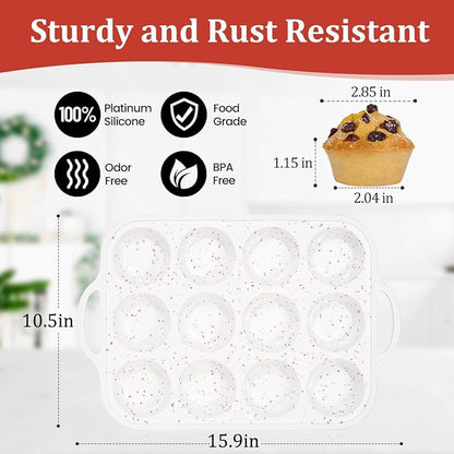 Silicone Muffin Pan with Metal Frame, Metal Reinforced Frame Regular Size Cupcake Pan with Handle 12 Cups Nonstick Muffin Pan for Baking BPA Free 2 Pack