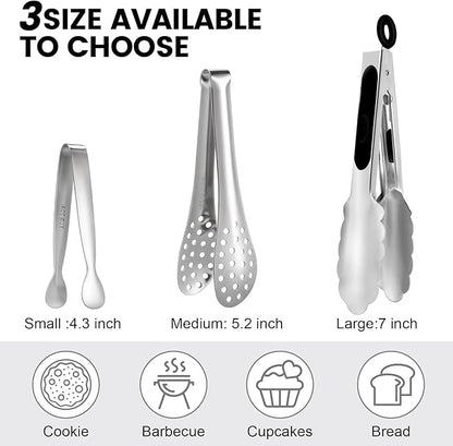 CHENGU12 Pack Stainless Steel Tongs 4/5/7inches Food Serving Clip Kitchen Cooking Tongs High Heat Resistant Clips for Cooking Non Stick Locking Grip for Ribs, Steak and Grill Salad