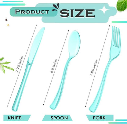 Minatee 150 Pieces Disposable Cutlery Set Plastic Silverware Heavy Duty Utensil Sets 50 Forks 50 Knives 50 Spoons for Home Office School Party Picnics Restaurant Outdoor Events(Light Green)