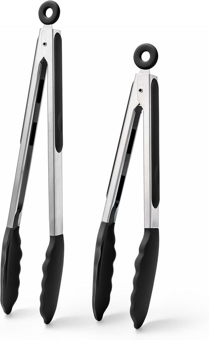Doosu Kitchen Tongs for Cooking - 600°F Heat Resistant Food Tong Set with Non-Scratch Silicone Tips, Heavy Duty Stainless Steel Locking Tong for BBQ, Grilling Steak, Serving Salad (9+12in, Black)