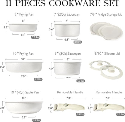 GiPP 11Pcs Pots and Pans Set Non Stick, Cookware Sets Nonstick Detachable Handle, Induction Kitchen Set Removable Handle, RV Cookware set, Oven Safe