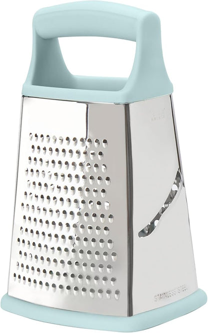 Tovolo Elements 4-Sided Box Grater - Stainless Steel Cheese Shredder with Coarse Medium Fine Slice Sides, Comfortable Handle & Stable Base for Kitchen Prep, Large, Blue Haze