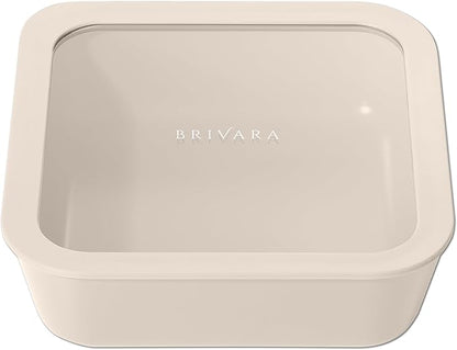 Ceramic Coated Glass Food Storage Container | No PTFE, PFOA, PFAS, and BPA | Reusable Non Toxic Meal Prep Container with Glass Lid | Easy To Store | 8 Cup Square [Crema]