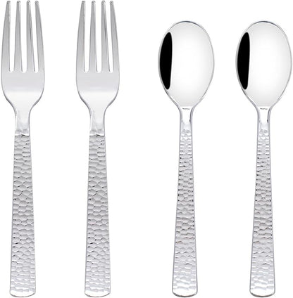 KIRE 400PCS Silver Plastic Forks and Spoons Disposable-Heavy Duty Plastic Silverware Set Silver Spoons and Forks-200 Forks and Spoon for Parties/Birthday/Wedding for Christmas