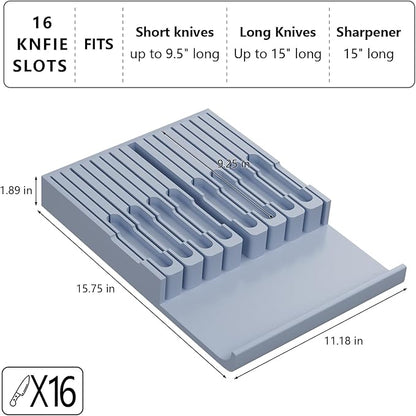 Domax Bamboo In-drawer Knife Block - Knife Drawer Organizer Insert Large Handle Steak Knife Holder, Kitchen Drawer Knife Organizer Fits for 16 knives and 1 Sharpening Steel (Not Included), Gray