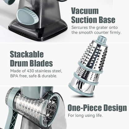 KEOUKE Rotary Cheese Grater Hand Crank Transparent - Shredder Slicer Grinder 3 Stainless Steel Blades, Stable Suction, Labor-Saving Handle, Safe Kitchen Tool for Cheese, Vegetable, Nuts, Chocolate