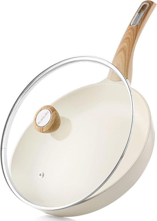 SENSARTE Ceramic Nonstick Frying Pan Skillet with Lid 8inch Non Stick Omelet Pans, Non-toxic Healthy Kitchen Cooking Chefs Pan, Free of Intentionally Added PFOA/PFAS/PTFE, Induction Compatible, White